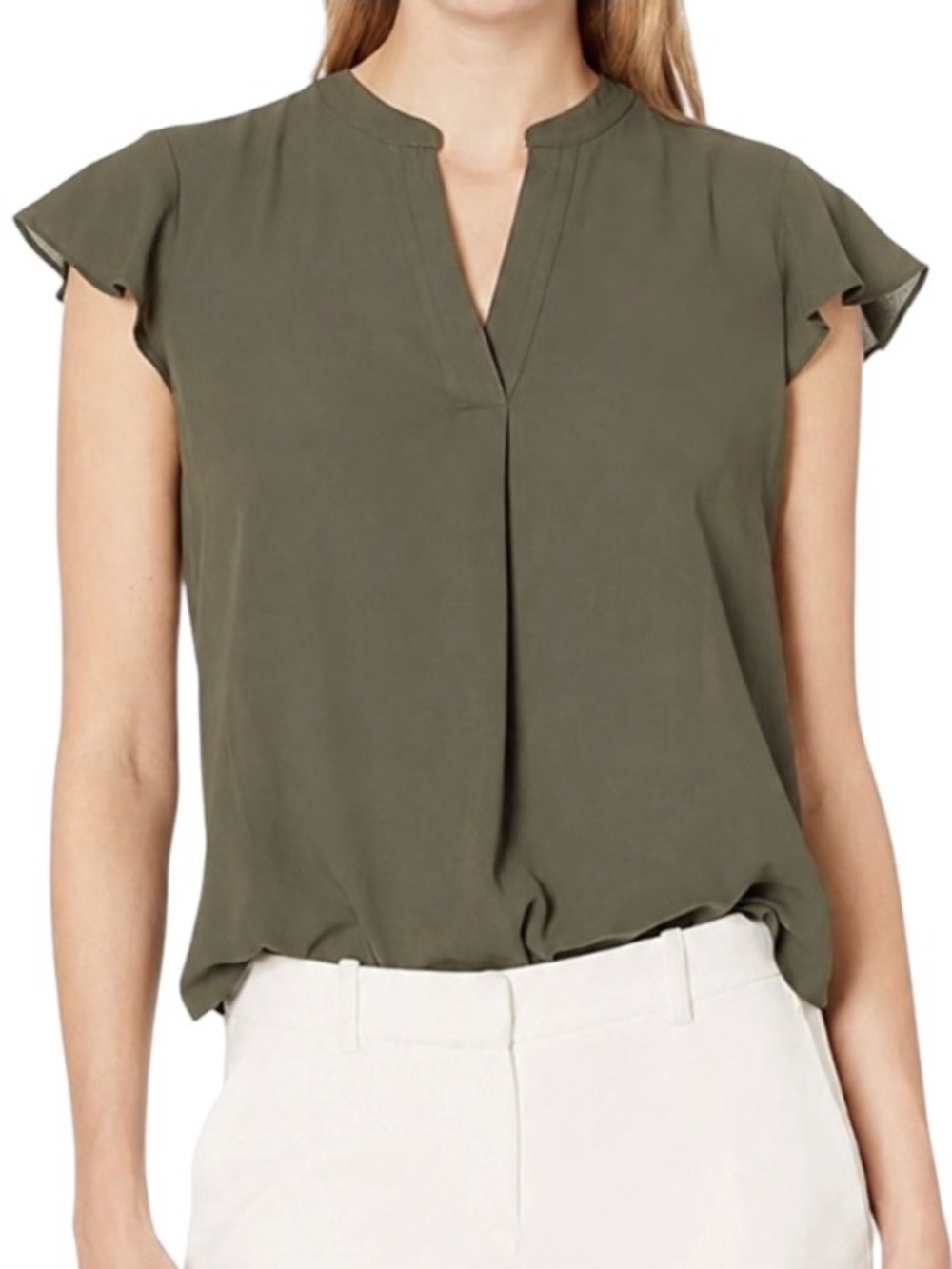 CALVIN KLEIN Olive Green Split V Neck Top with Ruffle Cap Sleeves